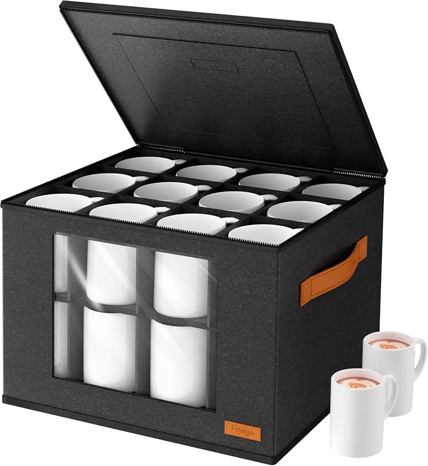 Foyego Cup and Mug Storage Box with 24 Dividers, Dark Gray, 2-Layer