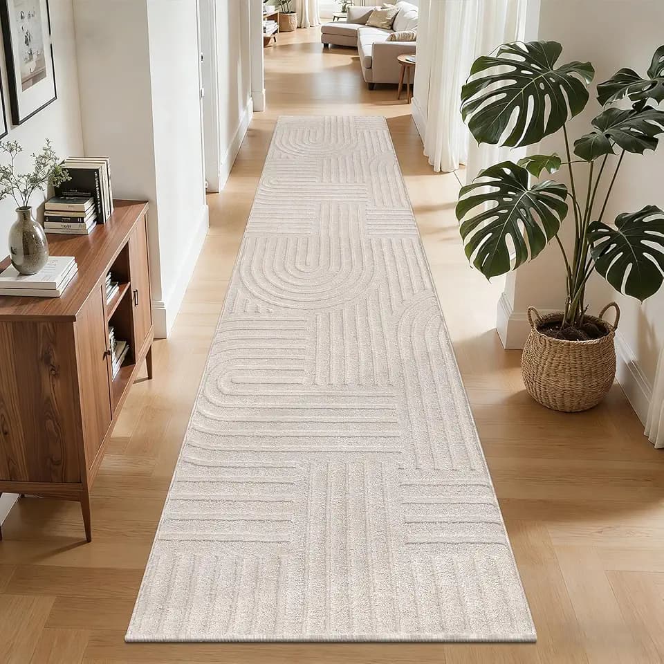 SHACOS Soft Cozy Fluffy Arch Pattern High-Low Pile Runner Rugs 2'x8' Non Slip Washable Scandinavian Minimalist Rug Runner Modern Geometric Carpet for Living Room Bedroom Bathroom Hallway, Beige