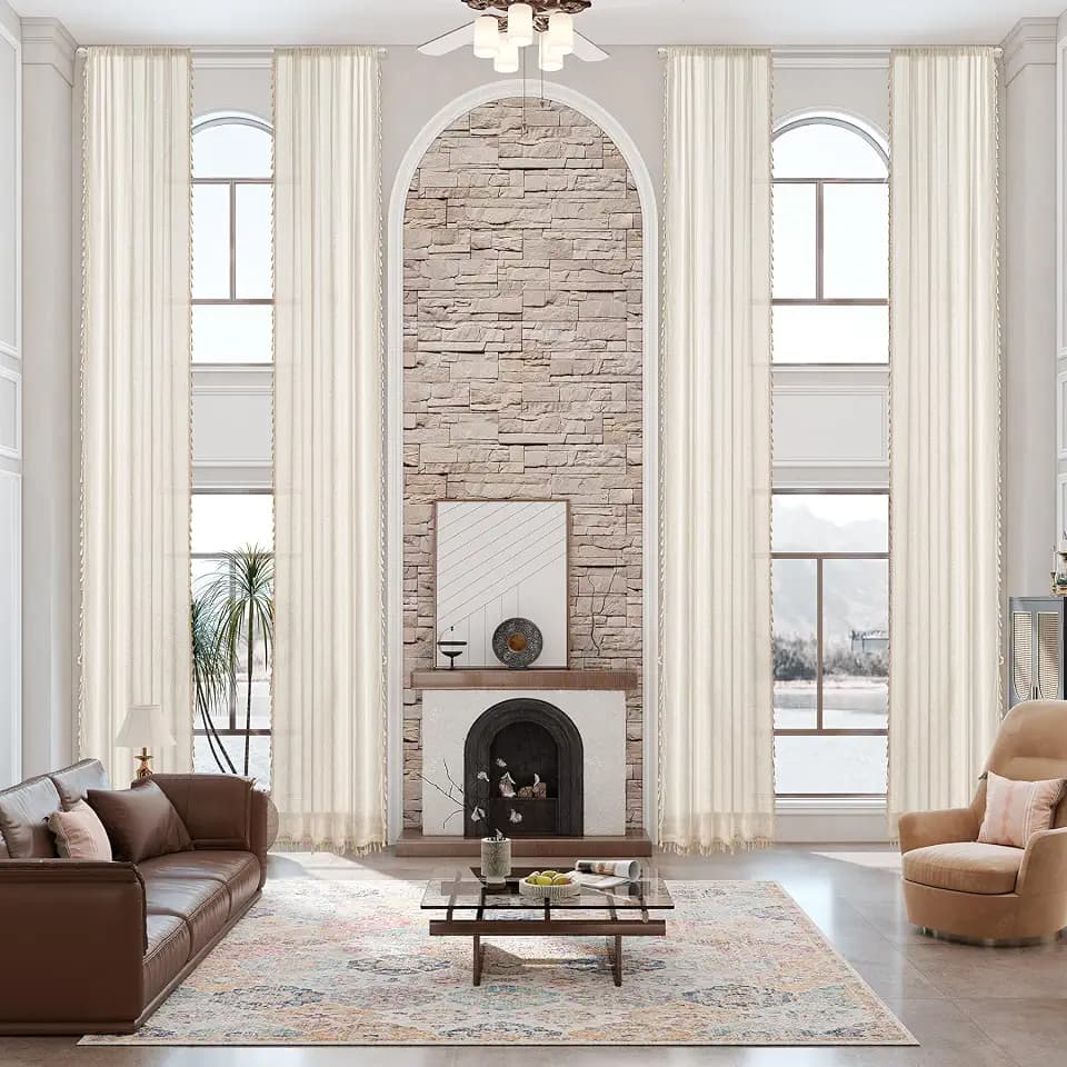 Sanceor 11ft Luxury Linen Sheer Extra Long Curtain,132 Inch Natural Fabric Rod Pocket Window Drape for 2 Story House,High Ceiling,Living Room,Custom Made 1 Panel.