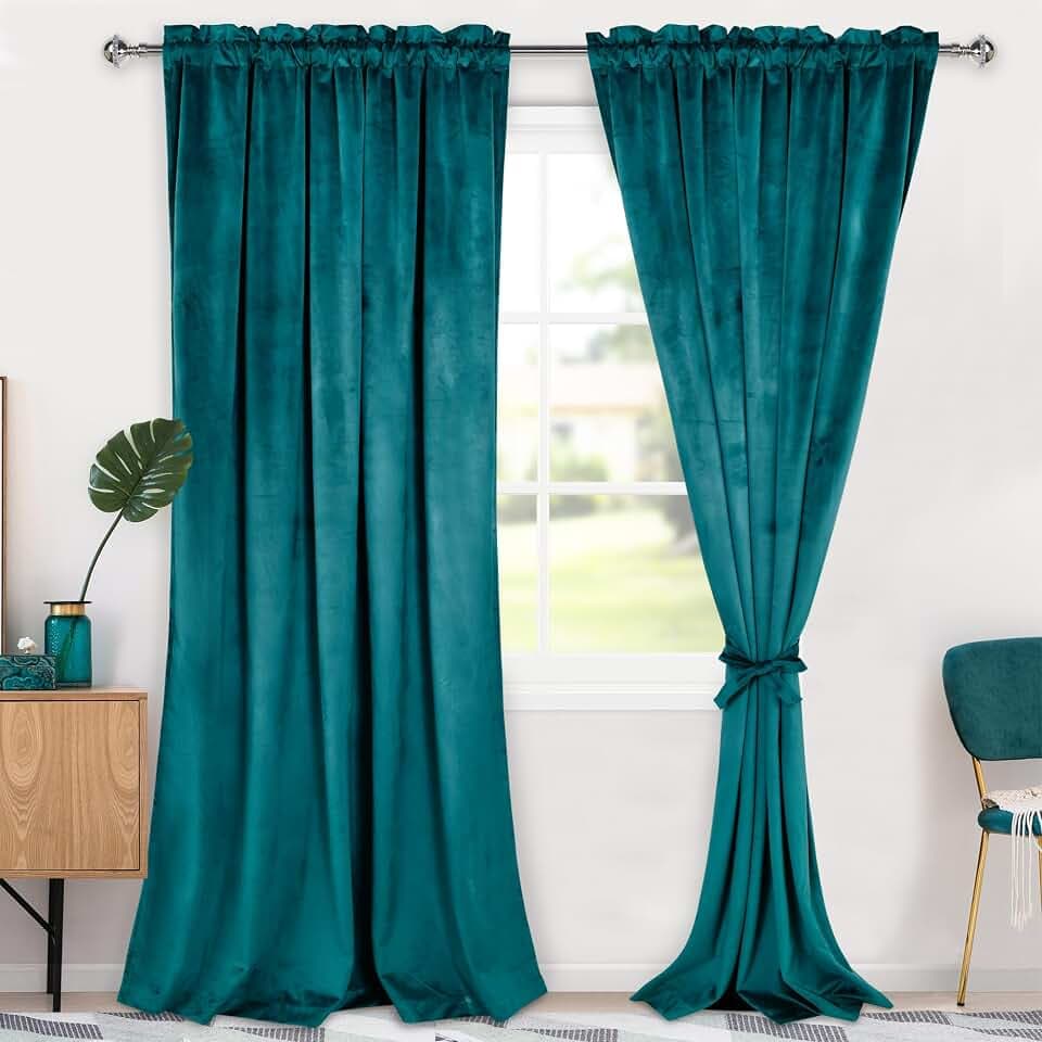 Hiasan Teal Velvet Blackout Curtains 96 inch Rod Pocket 2 Panels 60W x 96L
