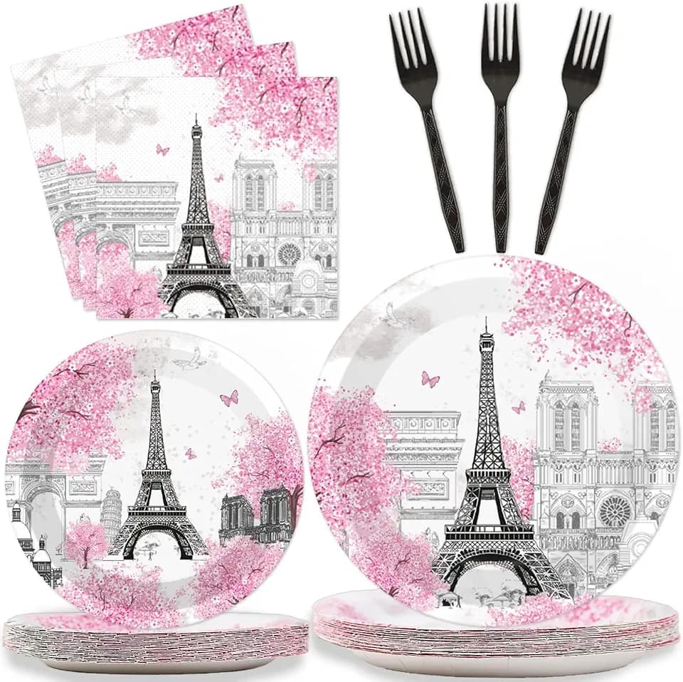 ZOIIWA 96 Pieces Paris Party Plates Eiffel Tower Theme Party Decorations French Parisian Cake Paper Plates and Napkins Disposable Dessert Tableware Set Paris Pink Birthday Supplies 24 Guests