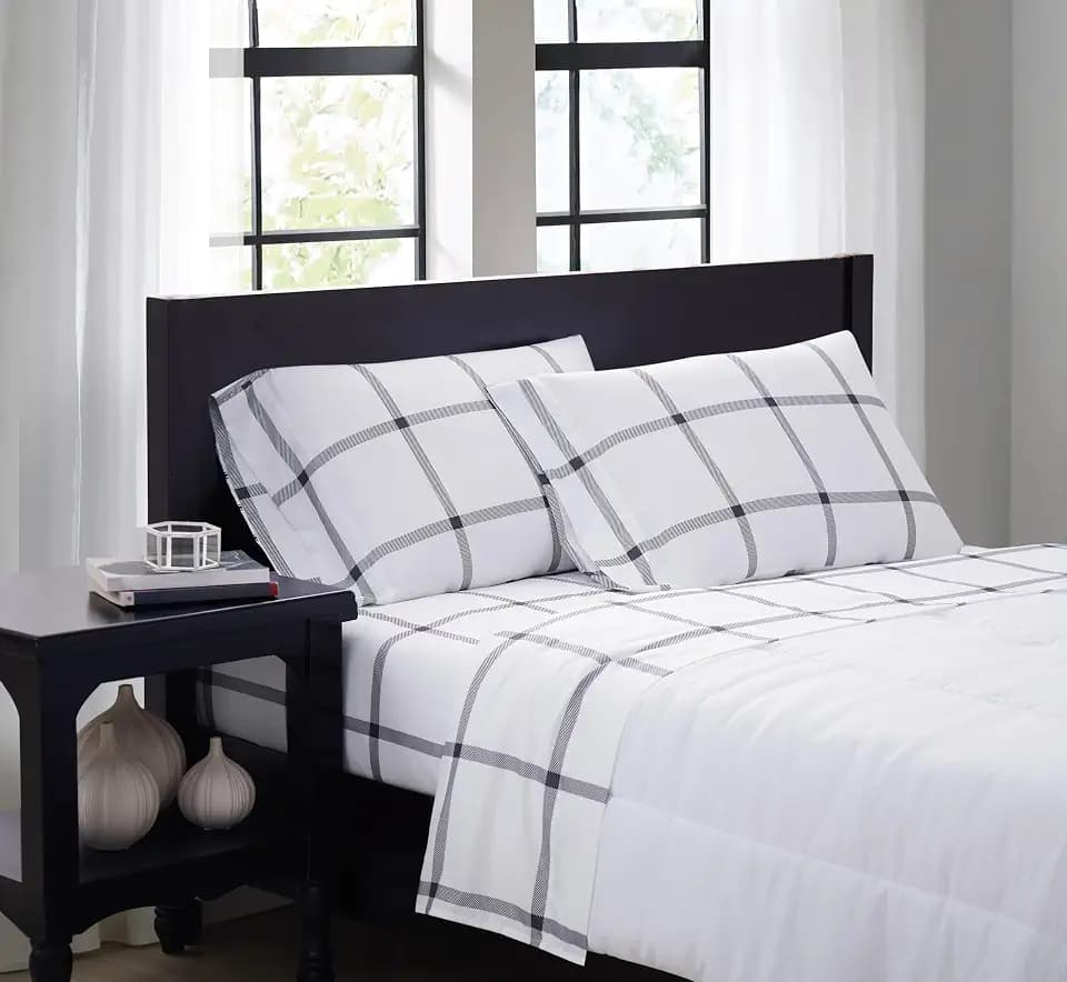 TRULY SOFT Printed Windowpane White and Charcoal Grey Polyester 3-Piece Twin XL Sheet Set, Geometric Themed, for Men and Women, Oeko-TEX Certified Confidence