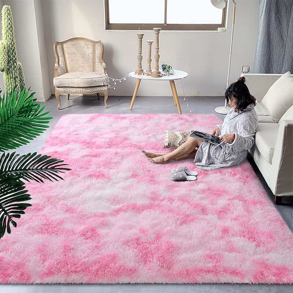 DweIke Fluffy Pink White Rugs for Bedroom Living Room, 6x9 Large Soft Plush Shaggy Tie-Dyed Pink Girls Boys Kids Rug, Non-Slip and Machine Washable Carpet for Dorm Nursery Classroom Decor