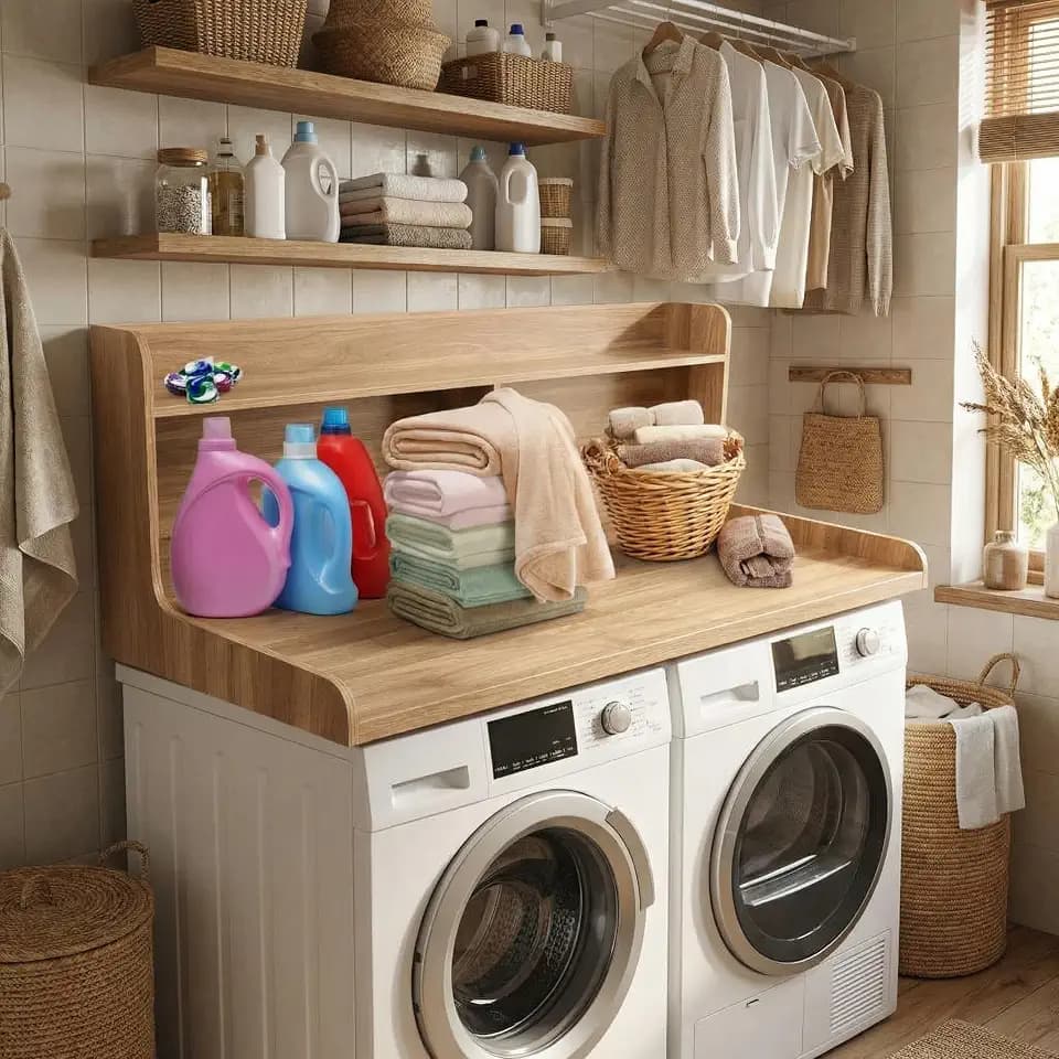 54" W x 27.55" D 2-Tier Washer & Dryer Countertop, Wooden Laundry Room Organization Shelf with Non-Slip Pad, Heavy Duty Washer Dryer Topper Cover for Folding Clothes & over Machine Storage