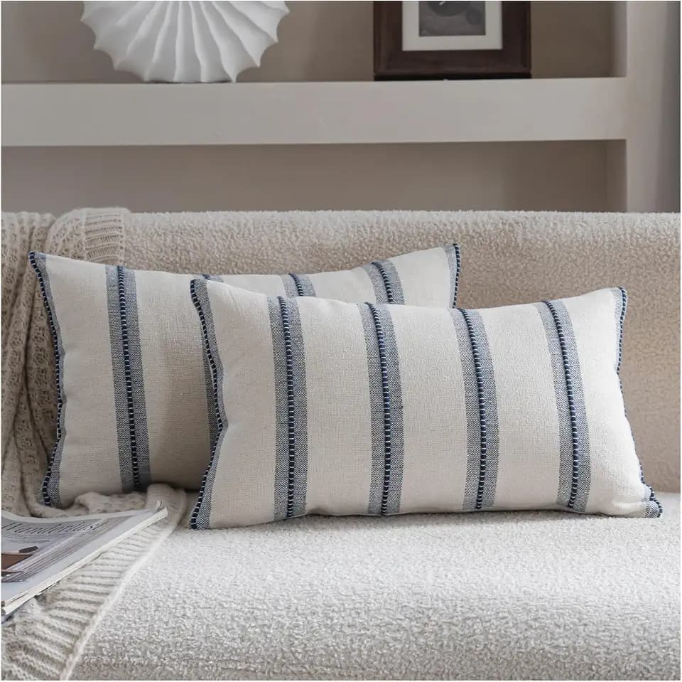 Cethom Boho Lumbar Pillow Covers 12x20 Set of 2, Navy Blue Striped Decorative Pillow Cases for Couch Chair Bed, Textured Farmhouse Modern Accent Cushion Covers for Living Room Bedroom Sofa Home Decor