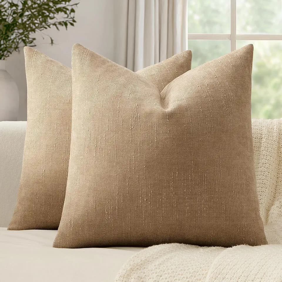 Set of 2 Textured Throw Pillow Covers 20x20 Inch, Khaki Camel