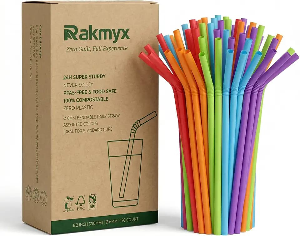 Biodegradable Sugarcane Straws, Bendable, 8.2 in, 120 Pack
