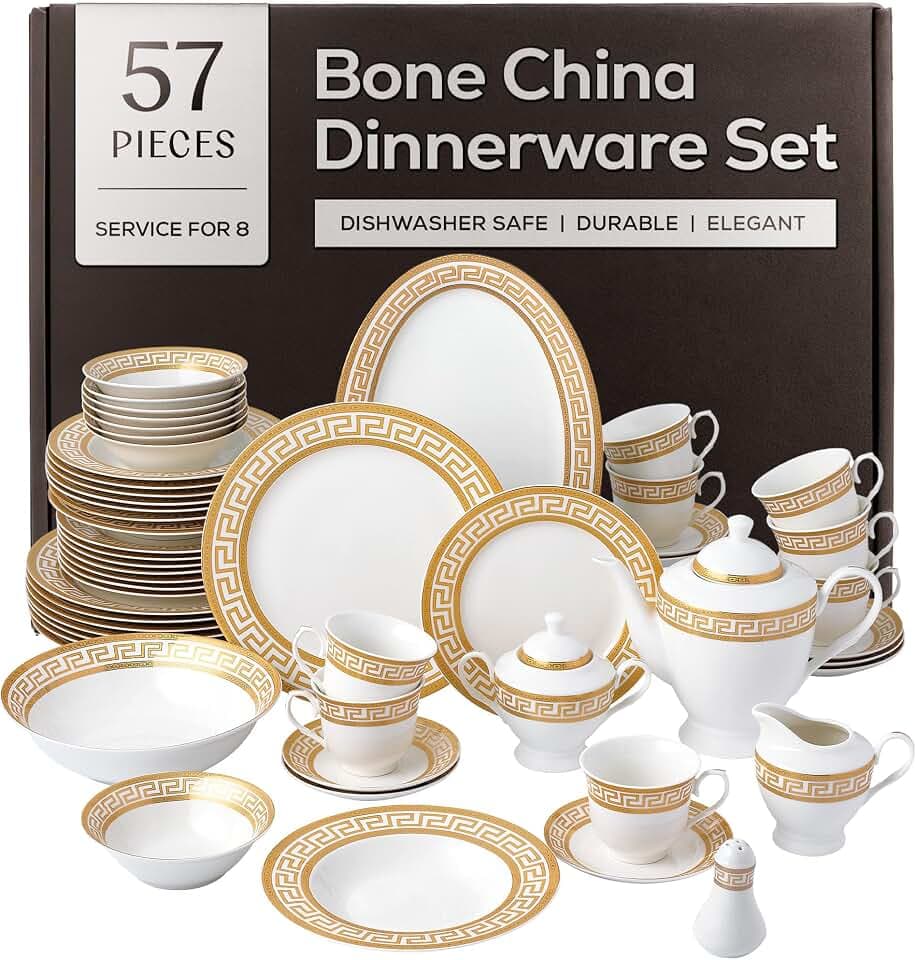 Joseph Sedgh Collection Golden Greek Key Bone China Dinnerware Set, 57-Piece