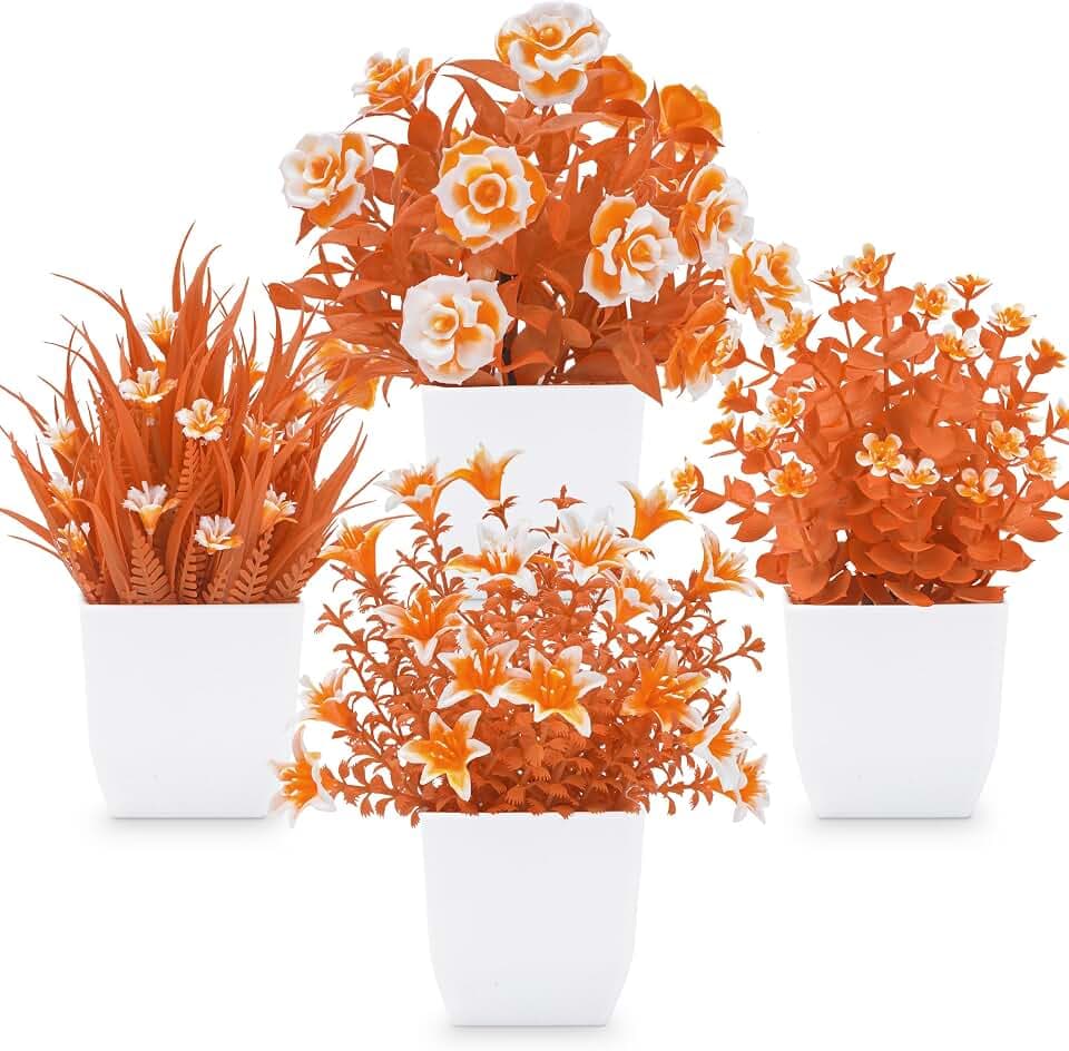 Der Rose 4 Pack Fall Fake Flowers Mums Artificial Plants in Pots Home Decor