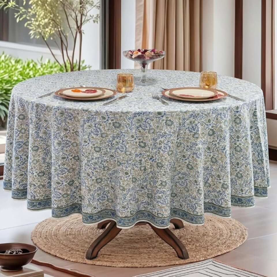 Ridhi Hand Block Print Round Tablecloth Indigo Flower 60 Inch 100% Cotton