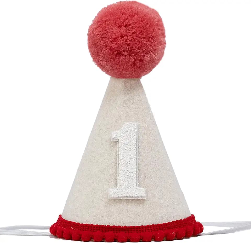 First Birthday Party Hat, White Felt with Red Pom Pom, Glitter Number 1, Special Occasion Celebration Accessory