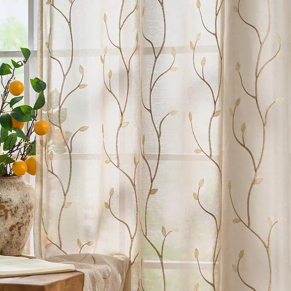 jinchan Beige Leaf Voile Embroidered Curtains 84 Inch Grommet Top 2 Panels