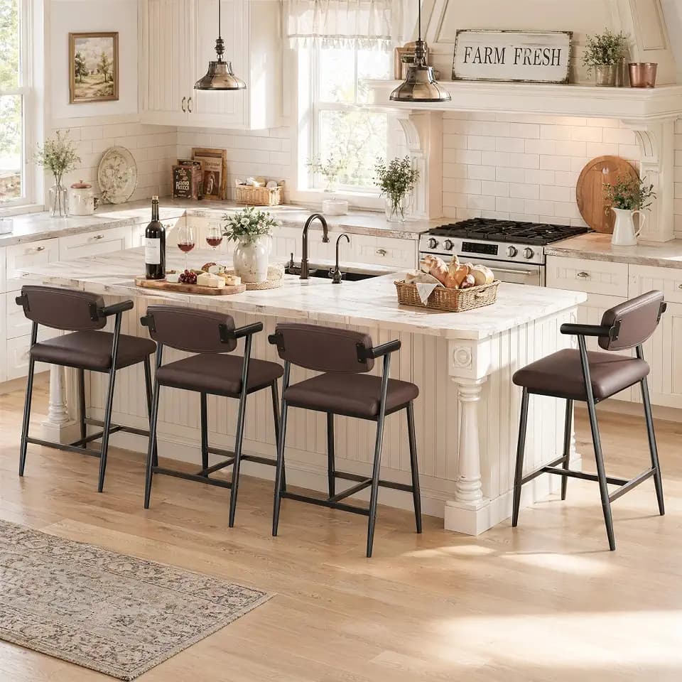 Garvee Bar Stools Set of 4 with Arms, Counter Height Metal Tall Bar Stools with Back & Footrest, Wider Seat, Sturdy Frame, 26" High Bar Chairs for Kitchen Island, Counter, Easy Assembly, Rustic Brown