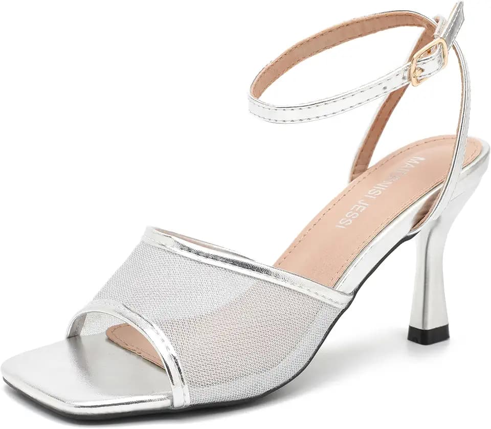 MAIERNISI JESSI Women's Mesh Ankle Strap Kitten Sandals, Square Open Toe High Heel, 3-Inch Heel