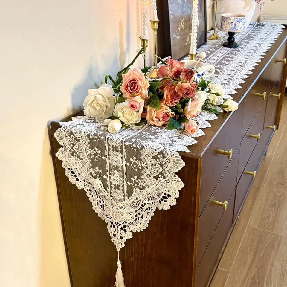 Lace Table Runner Exquisite Embroidery Floral,UWWGKK Table Runners with Tassel Retro French Country Style,for Wedding Decor,Afternoon Tea,Bed Runner,Piano Top Cover,13x110 Inch