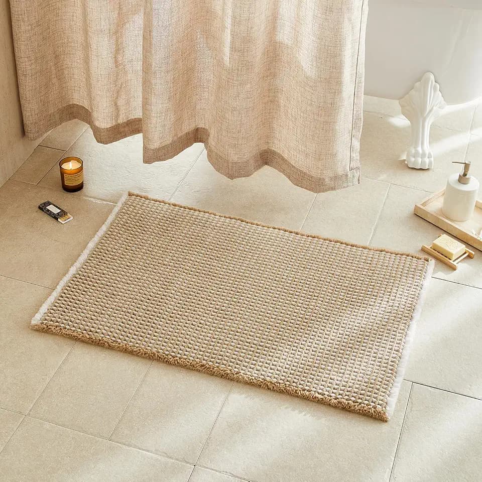 TYUU Waffle Bath Mat, Boho Bathroom Rugs Non Slip, 36x24 Khaki & White
