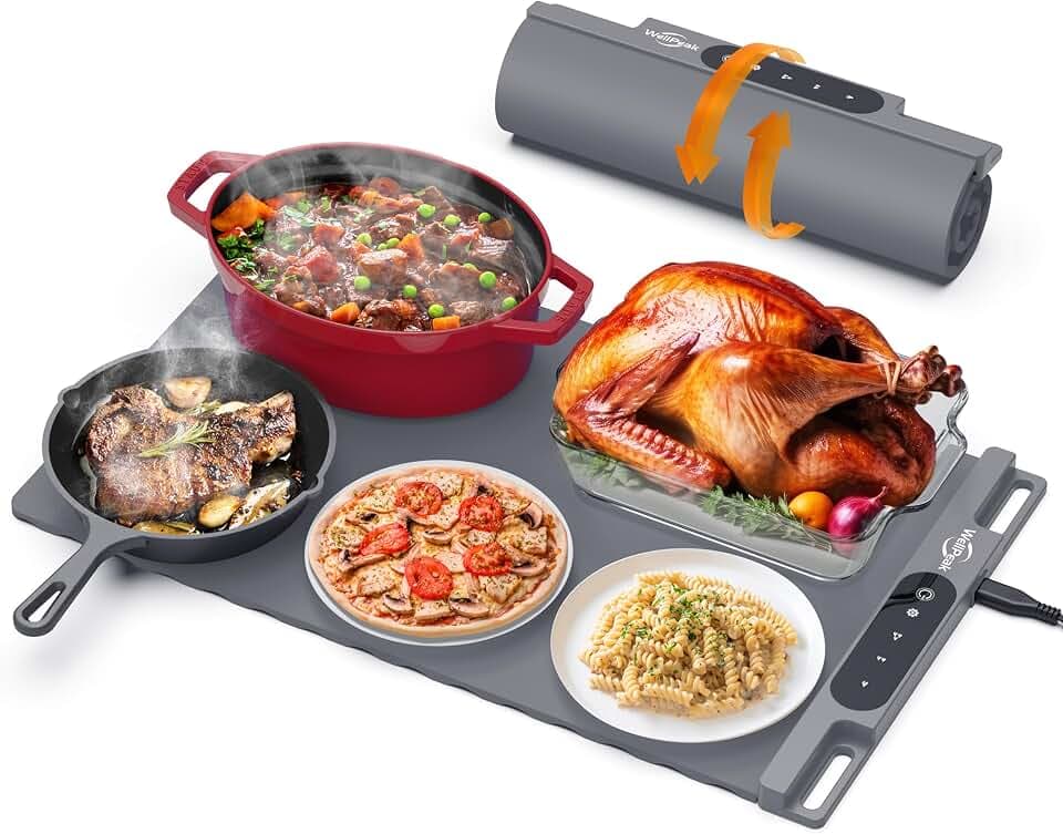 Electric Warming Mat for Food - Full Surface Fast Heating Silicone Tray with 3-Level Temperature, Auto-Off, Raised Feet for Table Protection, Versatile Warmer for Gatherings,Party,Home Buffet