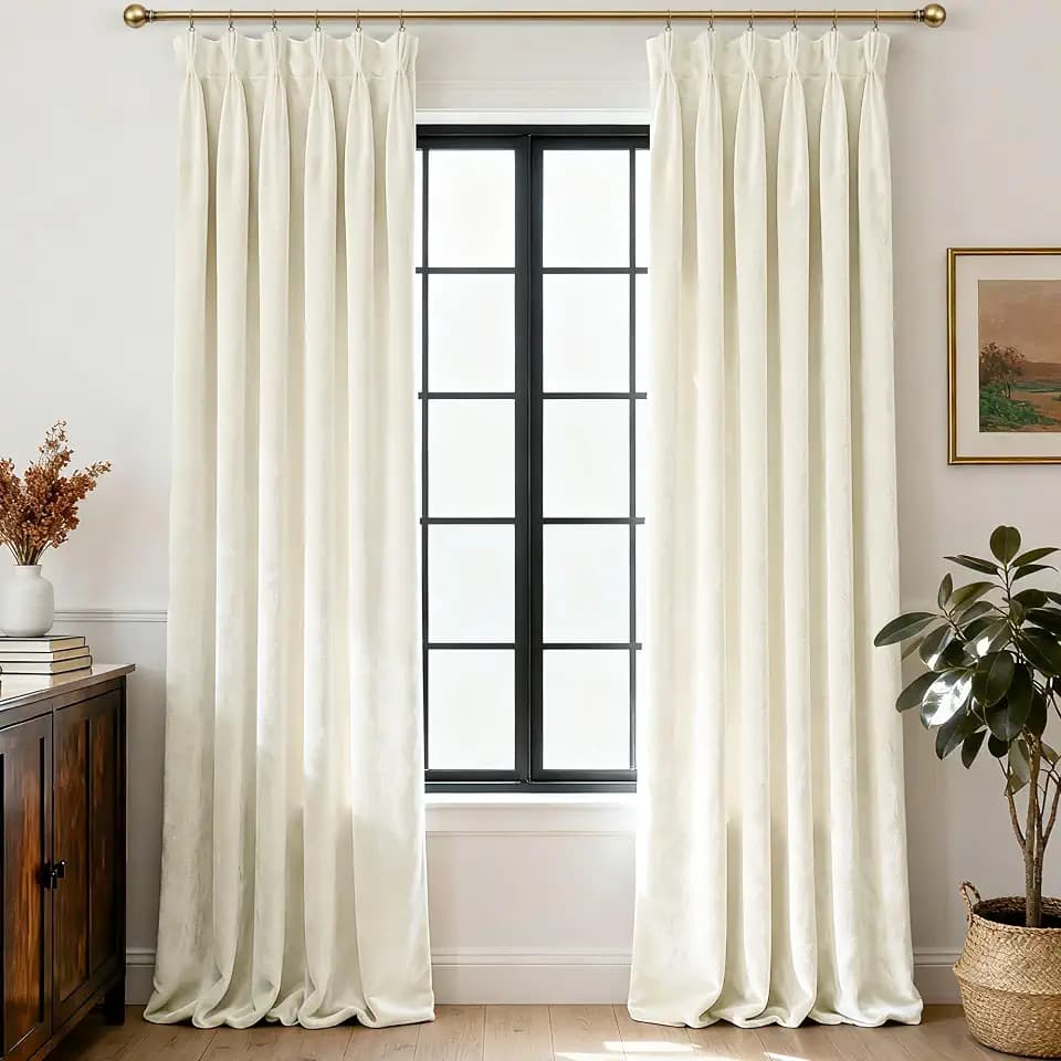 Triple Pinch Pleated Beige White Velvet Curtains 90 inches Long Living Room Darkening Thermal Insulated Luxury Modern Elegant Pinch Pleat Drapes Heavy Thick Velvet Curtain for Bedroom Nursery Girls
