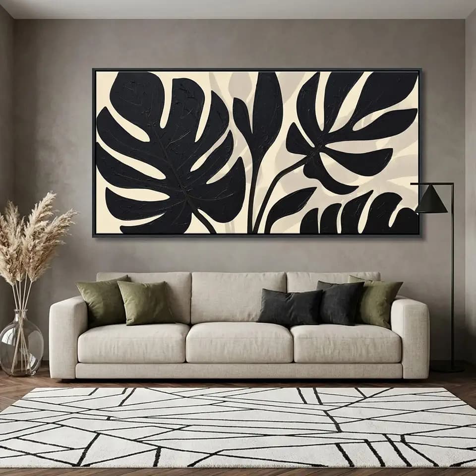 Neutral Botanical Canvas Wall Art for Living Room Beige And Black Modern Minimalist Artwork for Walls Framed Pictures for Bedroom Wall Decor Large Abstract Painting 29×58IN