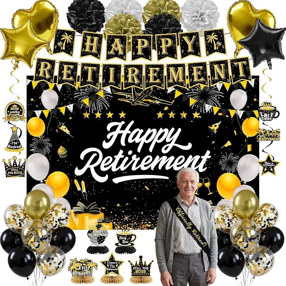 Retirement Party Decorations for Women Men, Black Gold Happy Banner