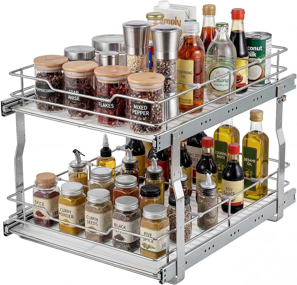 Garvee 2-Tier Pull Out Cabinet Organizer, Pullout Shelf and Drawer Organizer with Heavy-Duty Steel Frame, Slide Out Storage Basket for Kitchen, Pantry & Under Sink, 12" W x 21”D x 15" H
