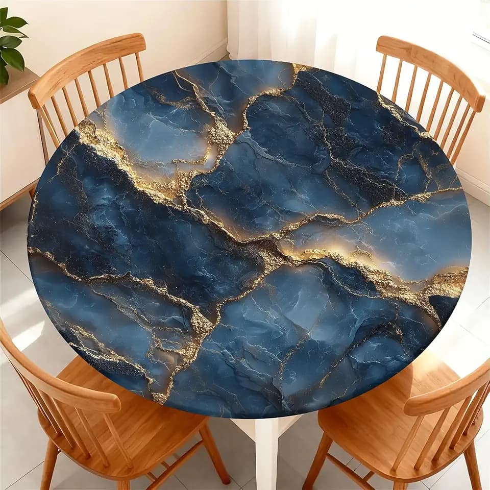 Round Fitted Tablecloth with Elastic Edge, Waterproof Stain Resistant Fabric Table Cover for 53"-60" Round Table, Indoor Outdoor Dining, Kitchen Decor, Camping, Party, Holiday, Gold Navy Marble