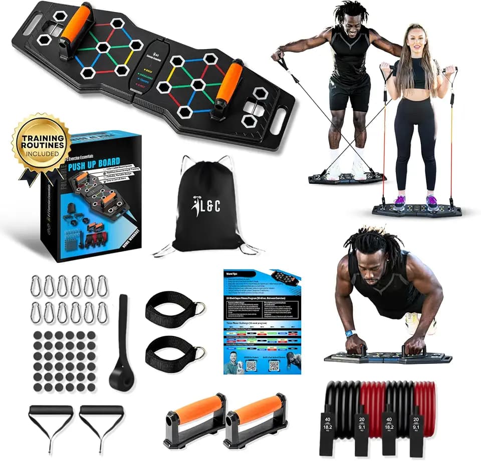 Push Up Board for Full Body Workout at Home - Portable, Joint Friendly, Fun & Motivating Home Workout Equipment with QR Code Guided Workouts - Ideal for Men, Women, Teens - L&C Exercise Essentials