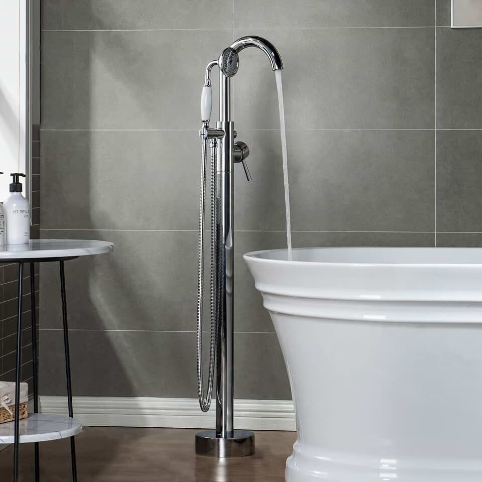 WOODBRIDGE F0002CHVT Fusion Single Handle Floor Mount Freestanding Tub Filler Faucet with Telephone Hand shower in Polished Chrome Finish