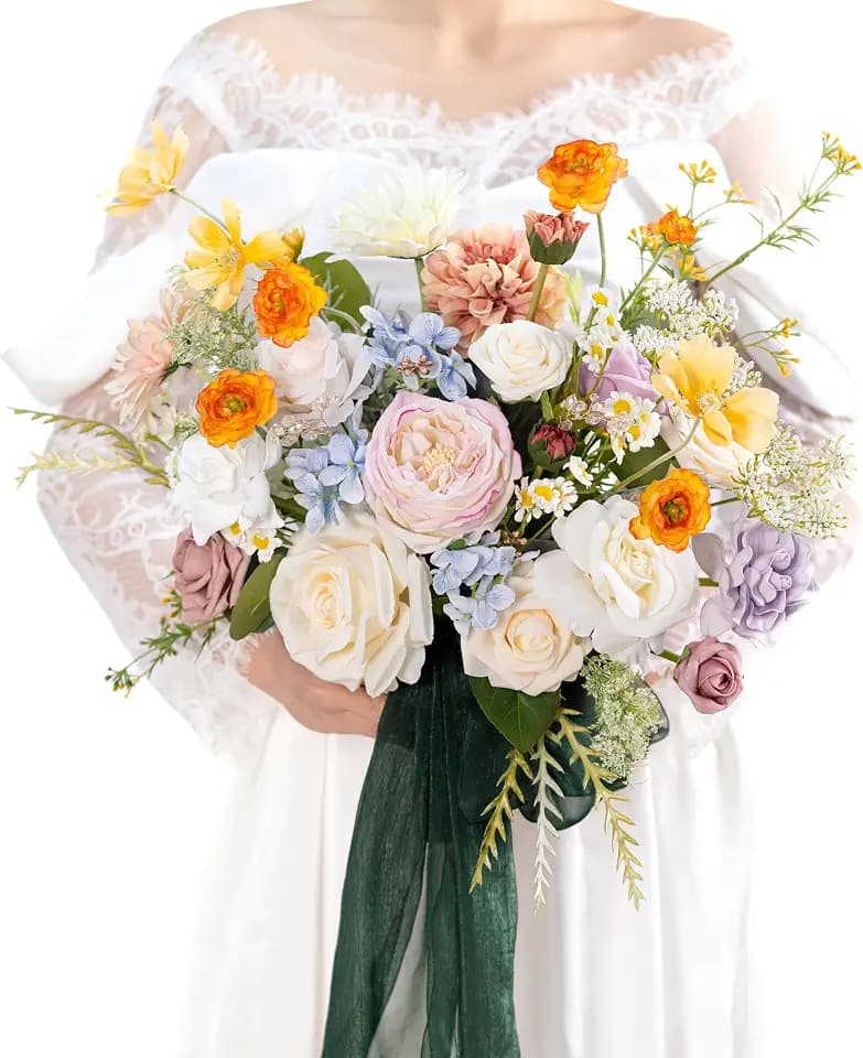 14 Inch Colorful Bridal Bouquet for Bride,Wedding Bouquet for Bride for Spring Wedding Ceremony Anniversary,Party and French Rustic Vintage Wedding,Artificial Flowers