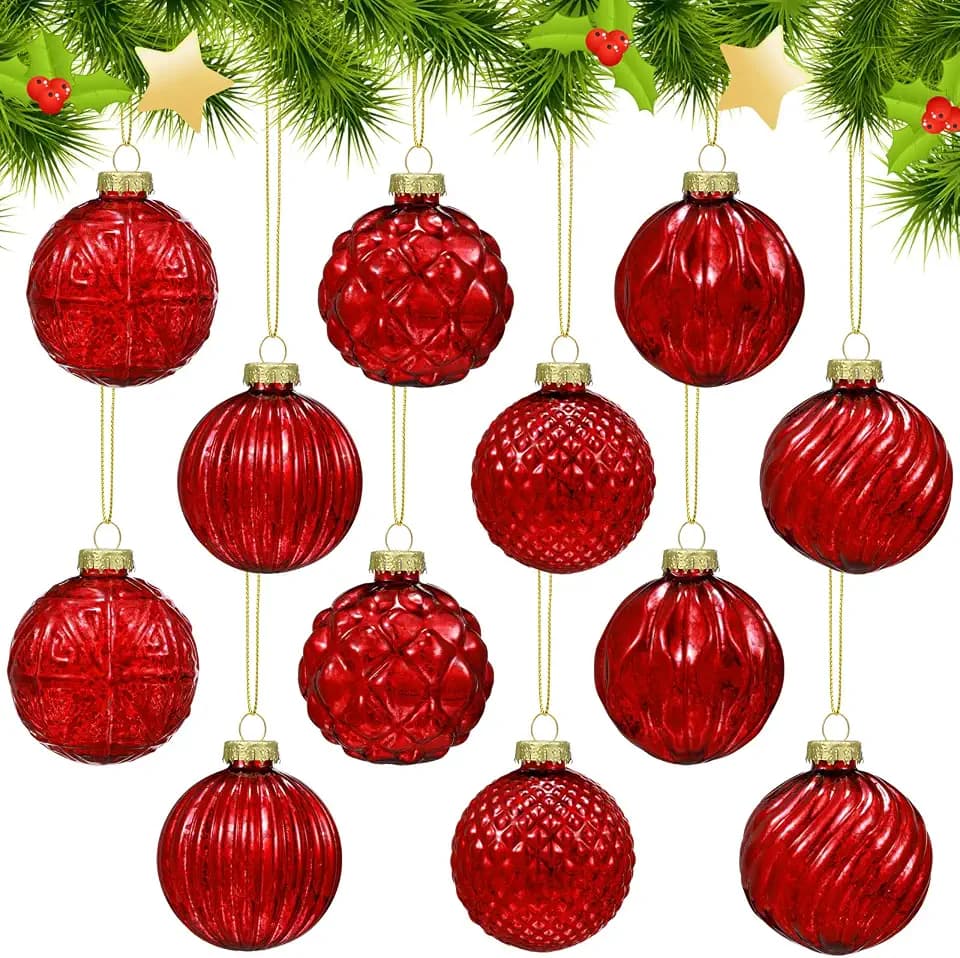 Jenaai 12 Pcs Christmas Red Glass Ball Ornaments, Tree Decoration