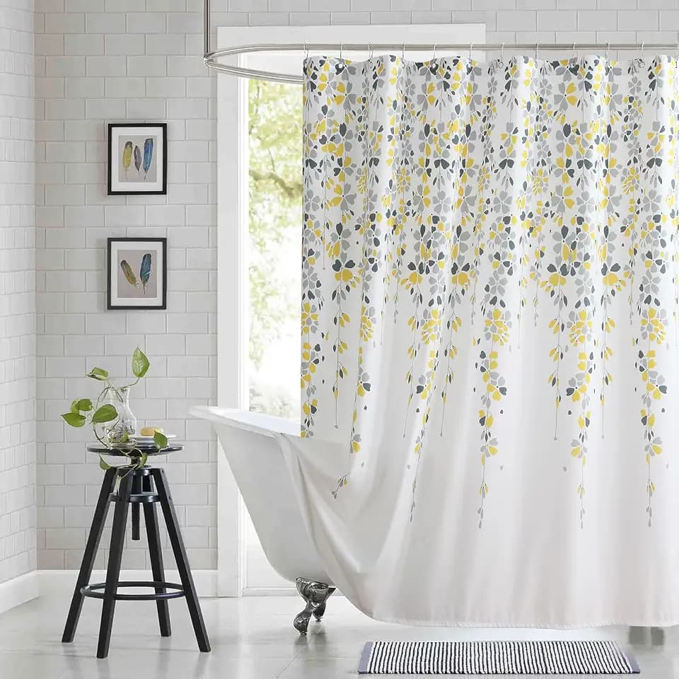 Long Fabric Shower Curtain, Yellow and Gray Floral Flower Shower Curtains for Bathroom, Waterproof Bathroom Curtains, 72" W x 78" H