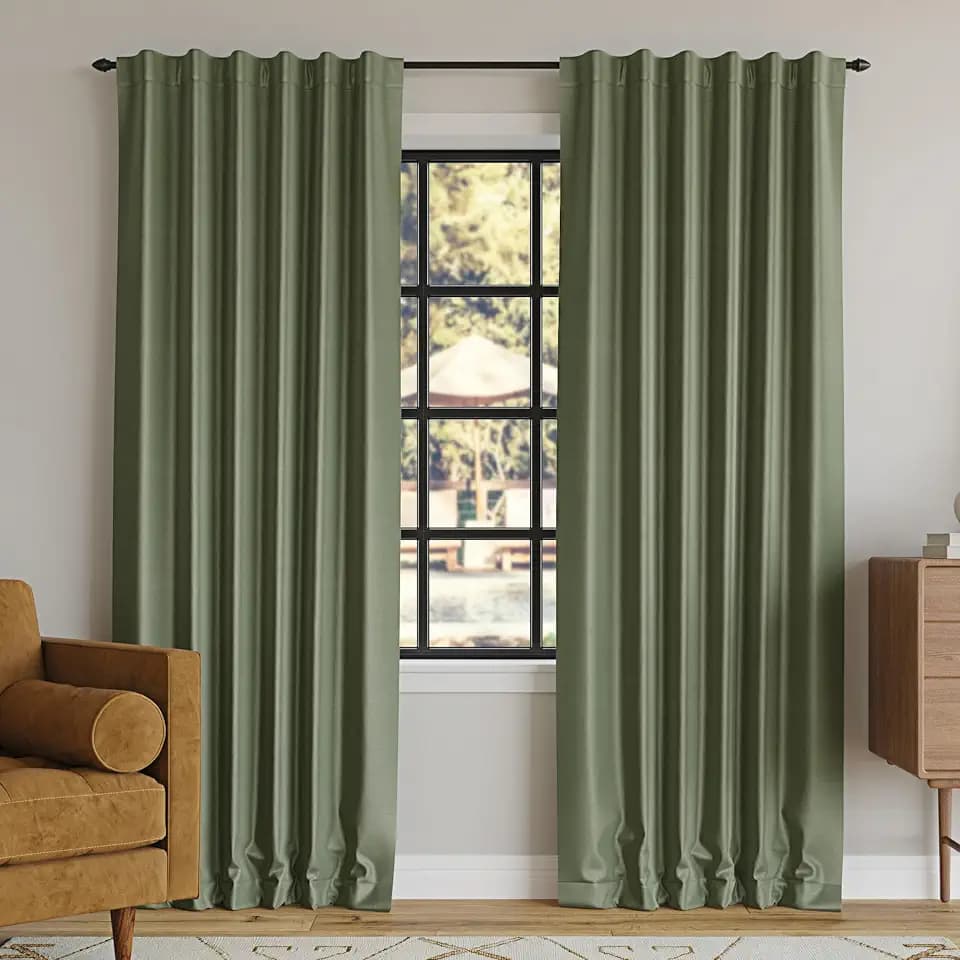 Sun Zero Greyson Faux Dupioni Silk Thermal Extreme 100% Total Blackout Back Tab/Rod Pocket Curtain Panel, Moss Green, 50" W x 63" L (1 Panel)