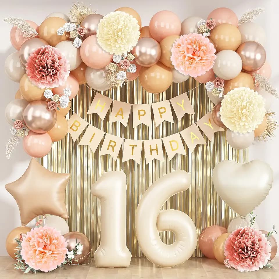 Beige Happy 16th Birthday Party Decoration Girls Cream Number 16 Balloon