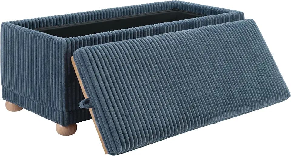 OSP Home Furnishings Sahara Storage Bench with Flip-Top Wood Tray, 42.5W x 14D x 18.5H inches, Natural Wood Feet, Blue Cord Fabric