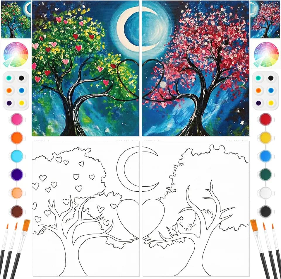 Dinifee 2Pcs Pre Drawn Canvas Kit 8''x10'' Paint and Sip, Romantic Tree