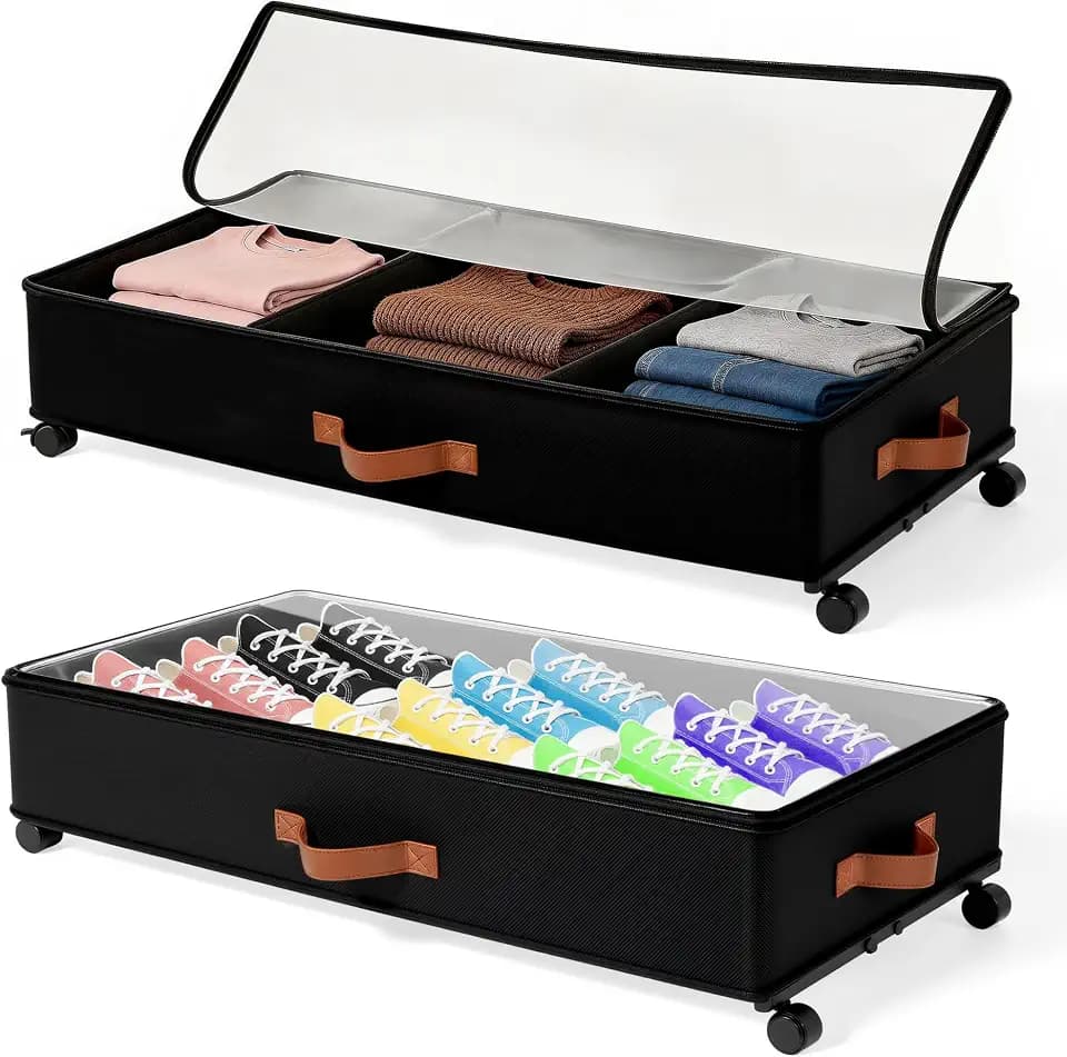 VECELO Under Bed Storage with Wheels, 2 Pack Fully Enclosed Zippered Dust Cover Bins with Clear Lids, Metal Frame and Ultra Thick Fabric Underbed Storage Organizer, Shoe Storage Box, Black