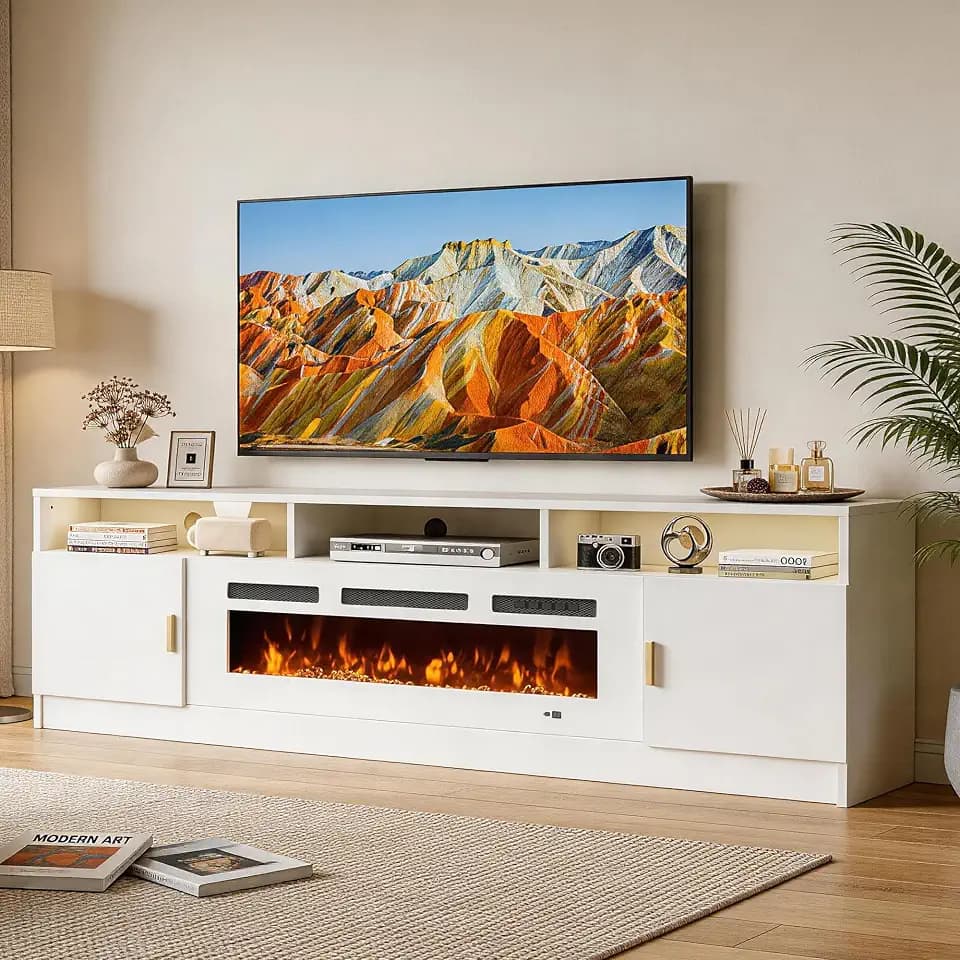 80" Fireplace TV Stand with Power Outlet, Electric Fireplace Entertainment Center with Storage Cabinets, Fits TVs up to 90", TV Console with LED Lights for Living Room, Office, White-White