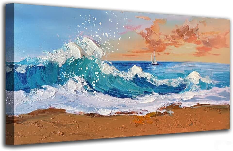 Anolyfi Wave Sunset Beach Canvas Wall Art Decor, Seascape Painting Ocean Coastal Prints Picture Seaside Artwork for Living Room Home Hallway Dining Room Office Bedroom, 48"x24"