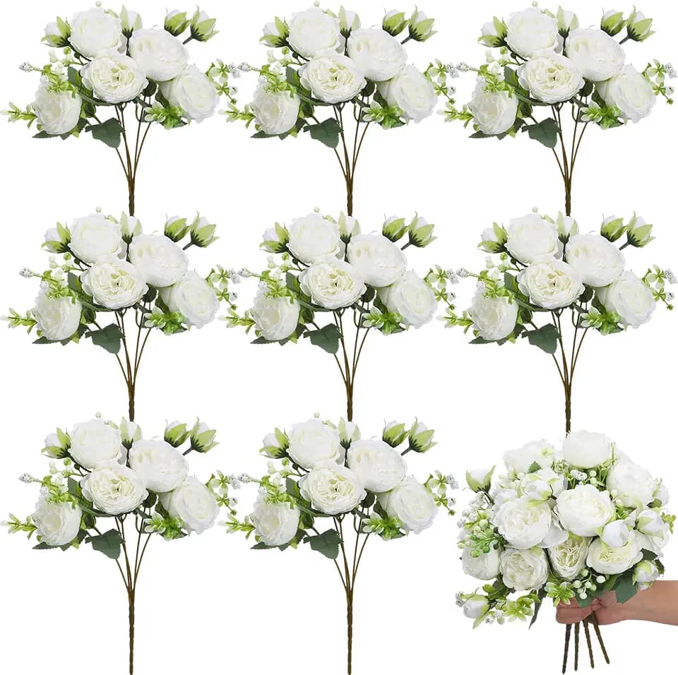 Crowye Artificial Peonies Silk Flowers Wedding Bouquet,White,8 Bundles