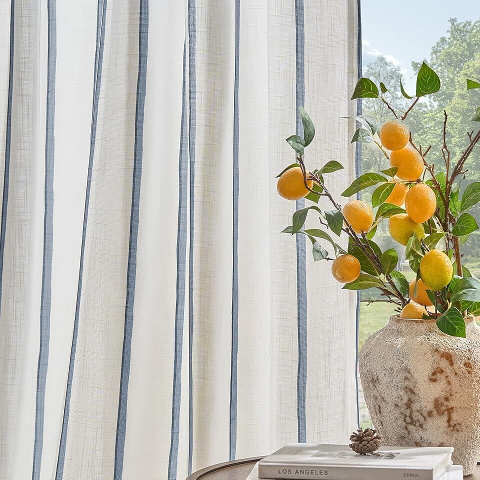Vangao Striped Curtains Blue on White Semi Sheer Curtains 63 Inches Long