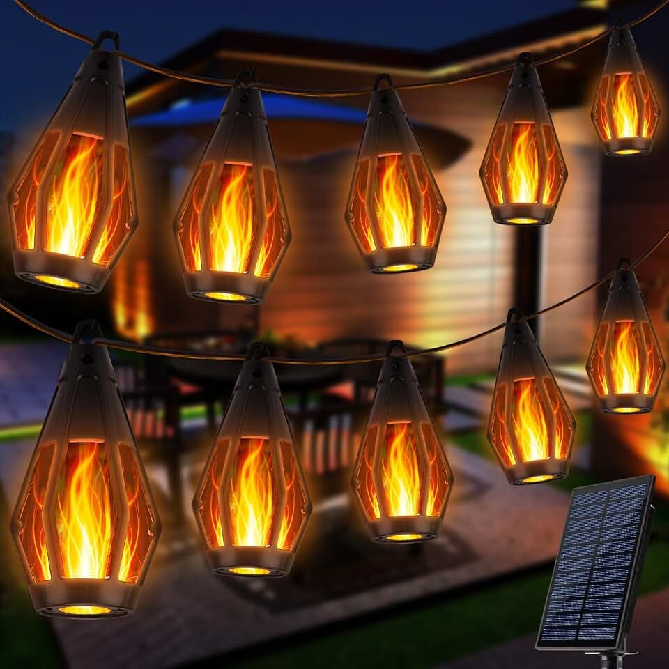 iBaycon Solar Flame String Lights, 27FT 10 LED Bulbs Waterproof, Warm White