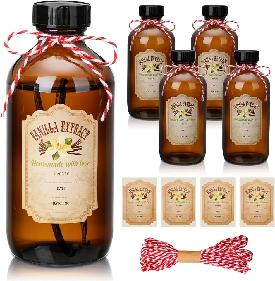 Suclain 4 Pcs 8oz Amber Glass Boston Bottles, Vanilla Extract Bottles
