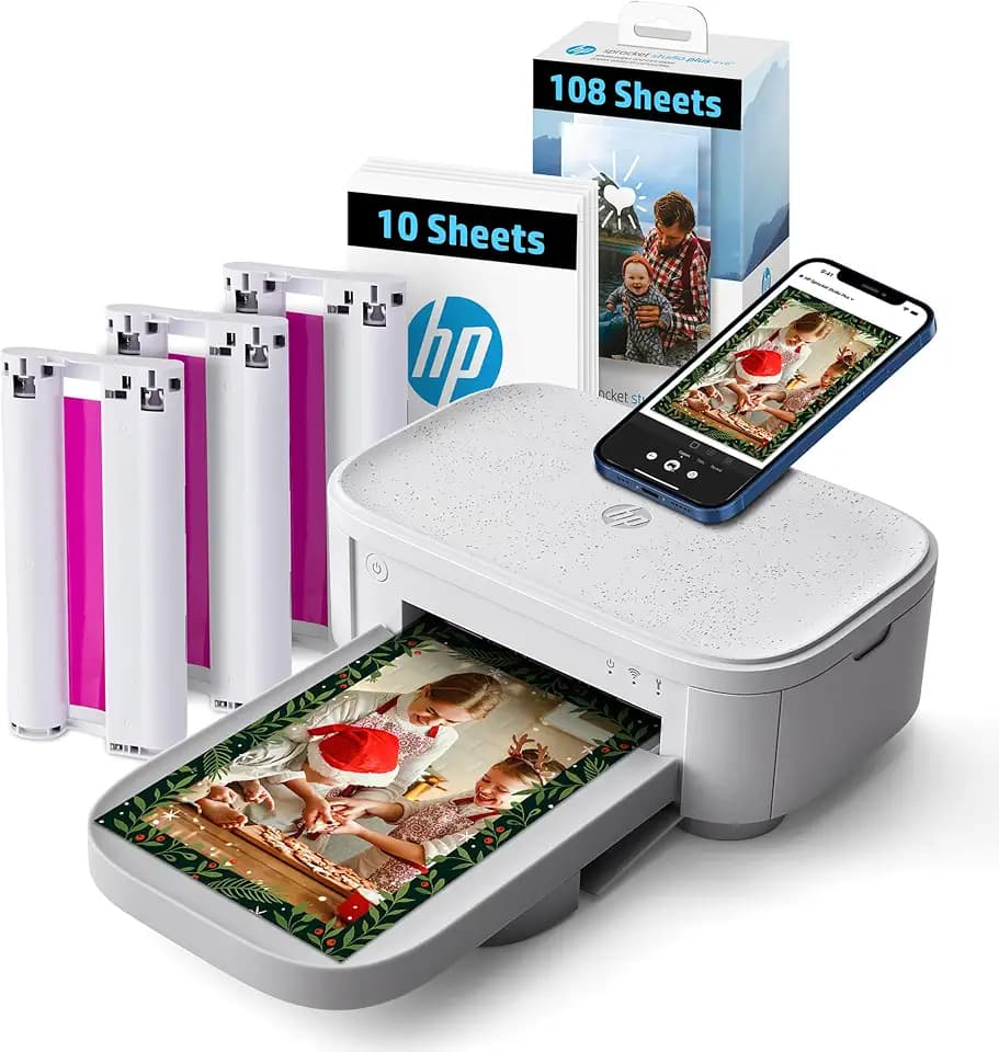 HP Sprocket Studio Plus Kabelloser Sofort-Farbfotodrucker (10,2 x 15,2 cm) 118 Blatt Paket + Patrone, Wi-Fi, Thermosublimation, für den Heimgebrauch oder mobil einsetzbar