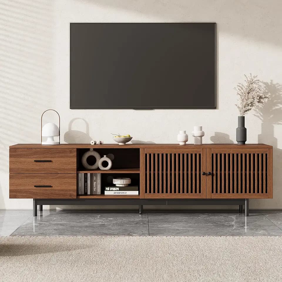 Merax 78" Fluted TV Stand for TVs Up to 85", Mid Century Modern Entertainment Center with Storage Drawers & Soft-Closing Door, Adjustable Shelf, Solid Wood Legs, Walnut Media Console for Living Room