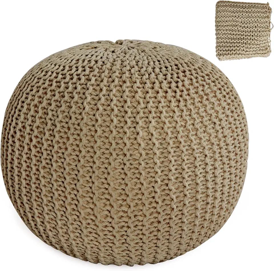 HOMBYS Unstuffed Ottoman Pouf Cover, 100% Cotton Handmade Knitted Ottoman Pouf Cover Round Foot Stool, Floor Bean Bag Chair, Foot Rest Storage for Living Room Bedroom, Khaki(Cover ONLY NO Filler)