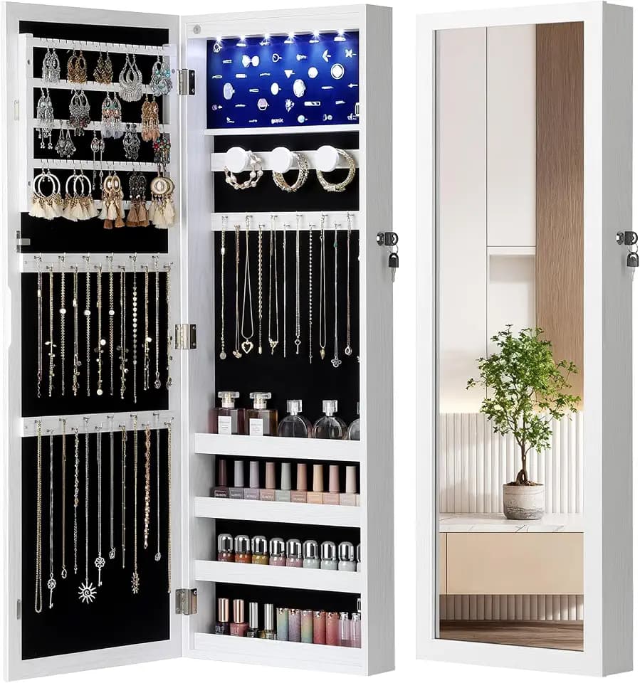 Nicetree 6 LEDs Jewelry Armoire, Hanging Mirror Jewelry Cabinet, White