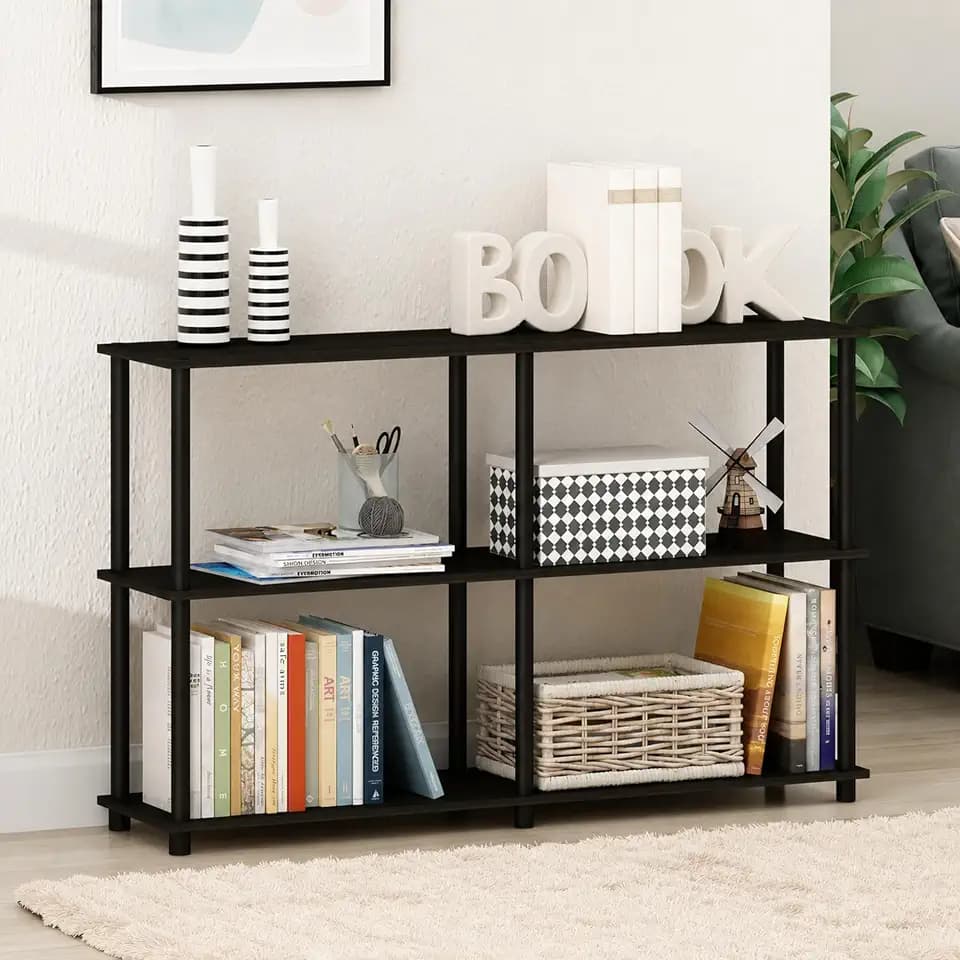 Furinno Turn-N-Tube Toolless Assembly Storage Shelves, 3-Tier 47.4 Inch Book Shelf, Corner Shelf, for Organization and Storage, Living Room, Home Office, Black Espresso