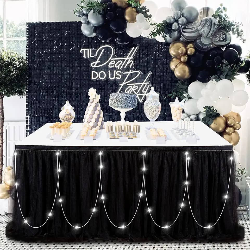Table Skirt Baby Shower Black Rectangle Tulle Table Skirting with Lights for Baby Shower Birthday Wedding and Party 9ft