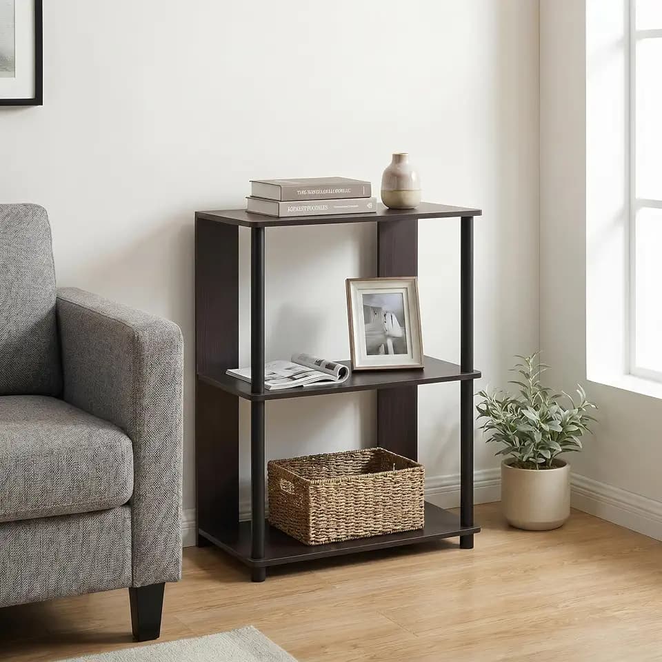 Furinno Jaya 3-Tier Storage Shelves, Black Book Shelf, Open Storage Bookshelf, for Organization and Storage, Living Room, Home Office, Bedroom, Black Walnut