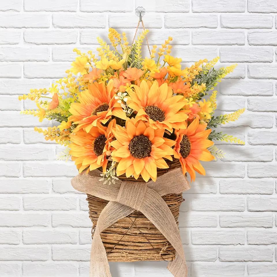 Dolicer Door Hanger Basket Wreath 15.7 Inch Hanging Sunflower Wreaths